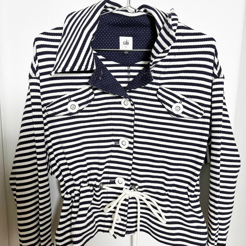 CAbi #5654 Women Medium Blue/White Nautical Striped Harbor Jacket Drawstring S - Picture 6 of 13